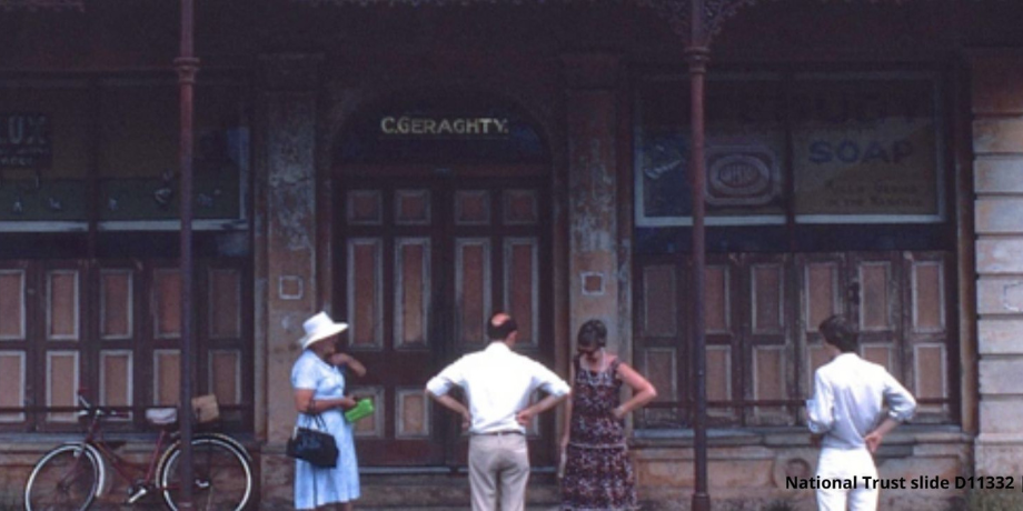 People talking in front of Brennan and Geraghty’s store