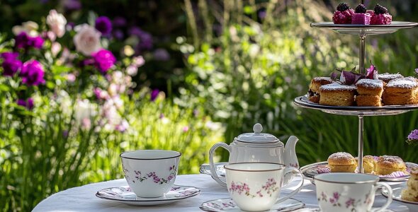 Outdoor tea setup with floral cups and tiered pastries.