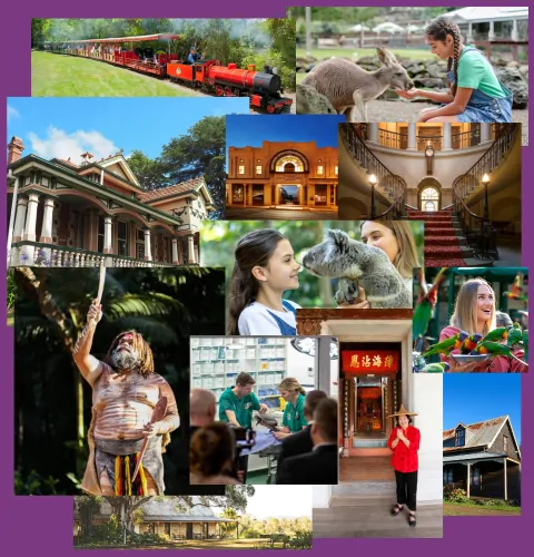 Image collage of heritage properties, people interacting with wildlife and First Nations traditional dance demonstration
