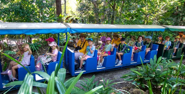 A large group of school kids sitting on a blue miniature train waving at the camera. The train is meandering through bushland