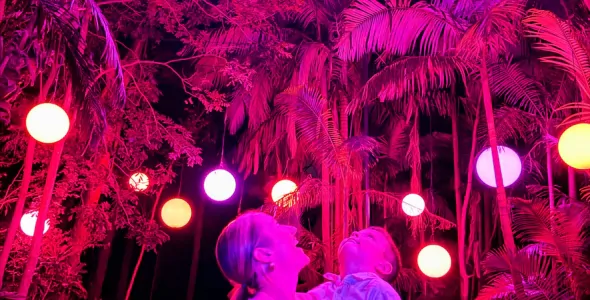 A mum holding up her son at night, both looking up and shining in pink colours from illuminated light orbs hanging from tall palm trees