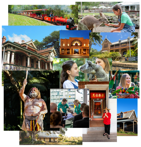 Image collage of heritage properties, people interacting with wildlife and First Nations traditional dance demonstration